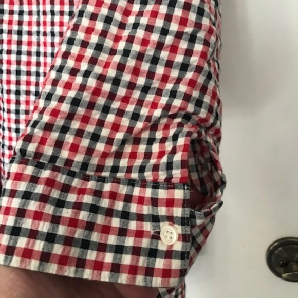 100% COTTON RED WHITE BLUE CHECKED BUTTON DOWN TOP. ROLL UP 3/4 SLEEVE. SZ. XXL - Picture 5 of 6